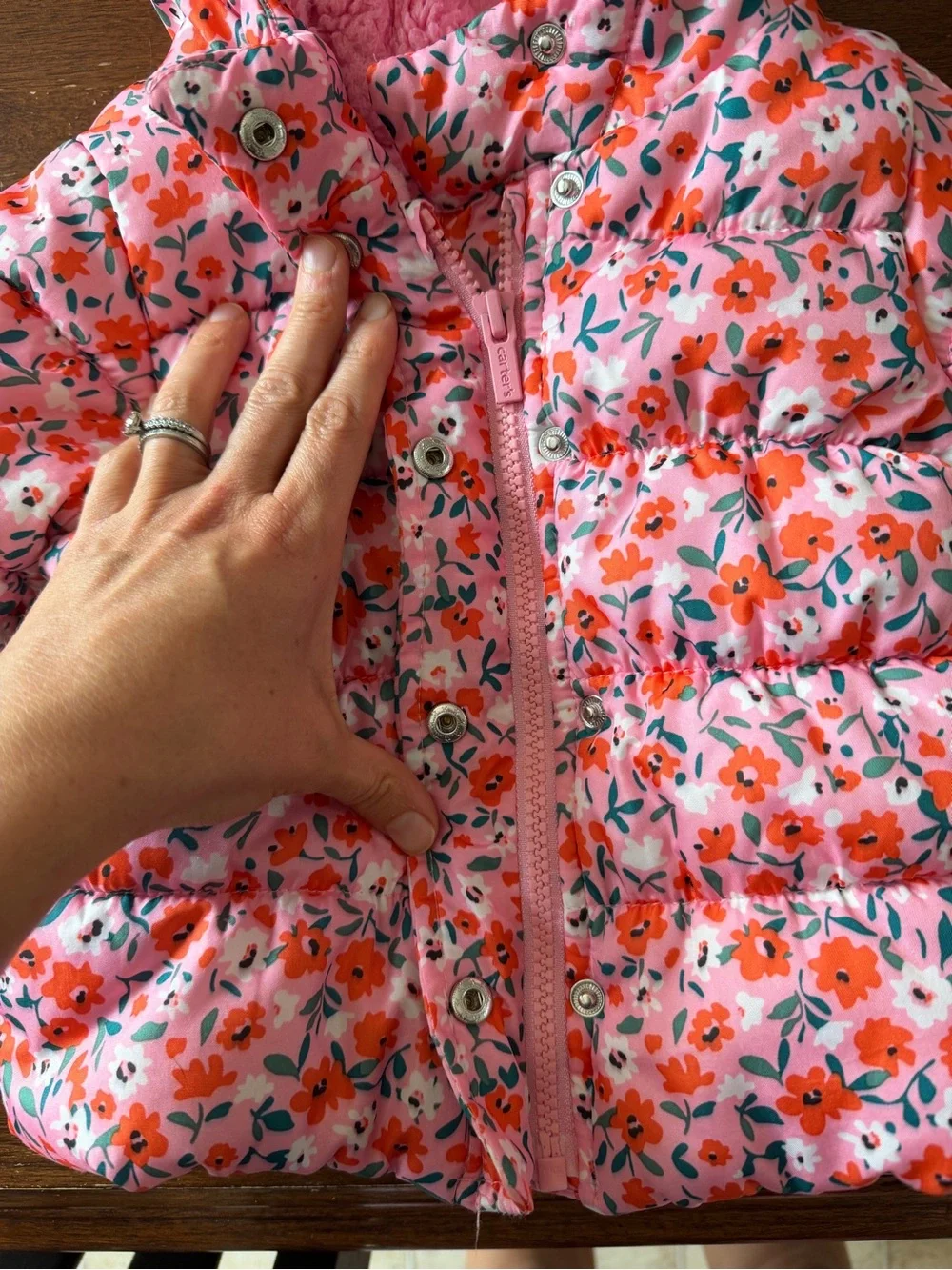 Baby Girl Pink Floral Puffer Jacket with Hood